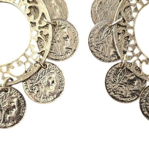 Chandelier Portrait Gold Tone Coins Hoop Drop Earrings - Picture 2 of 6